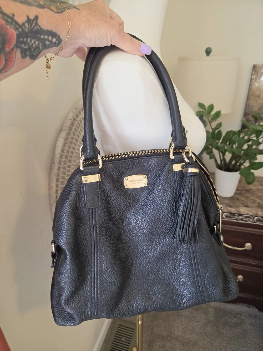 SALE.  Michael Kors Black Leather Tote Handbag with Tassel - Designer Style